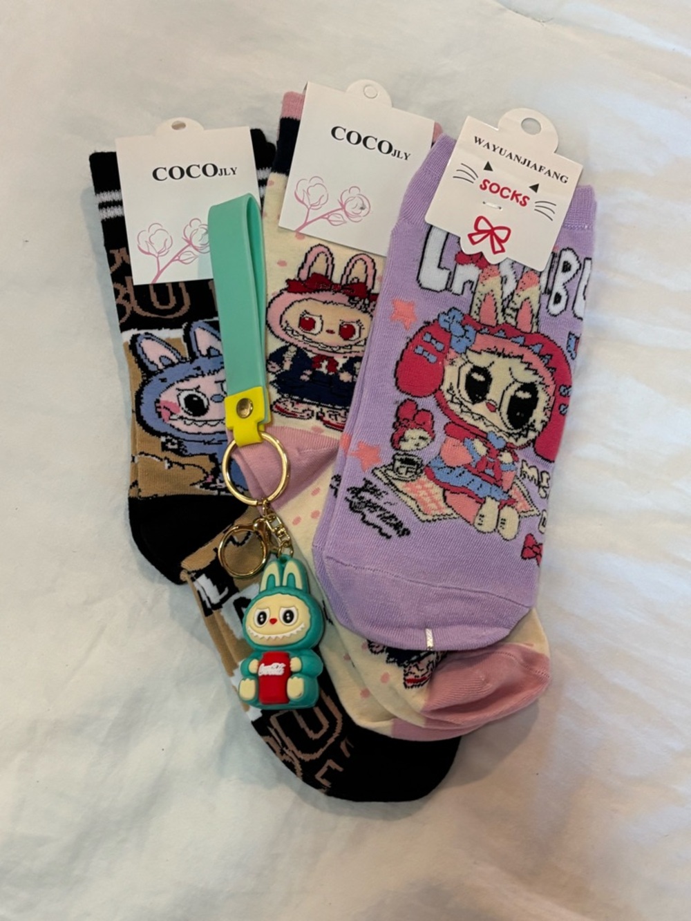 Kawaii Character Sock Bundle Set of 3 + Bonus Bag Charm Gift NWT